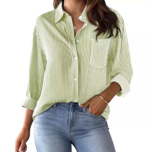 Striped Women'S Loose Fitting Button Down Shirt Casual Woven Long Sleeve Collared Top