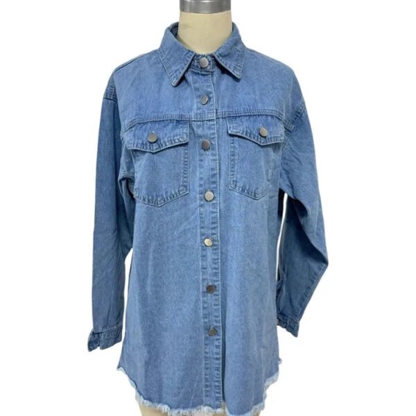 Vintage Washed Breathable Windproof Mid Length Denim Women'S Shirt Jacket Long Sleeve Pocket Casual Solid Color Summer