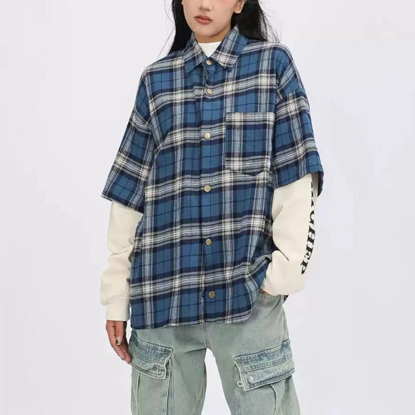Women'S Double Layer Sleeve Oversize Cotton Plaid Shirt Button Up Casual Style With Embroidery Decoration