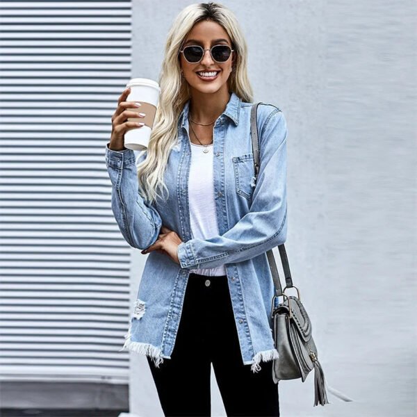 Casual Wear Long Sleeve Single Button Closure Denim Shirt And Blouse For Women Jeans Jacket