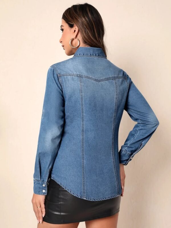 Women'S Slim Fit Oversized Cotton Long Sleeve Denim Shirt Casual Lapel With Button Decoration Soft Washed Women'S Denim