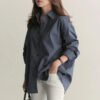 Women Spring And Autumn Cotton Striped Blouse Shirts Loose Casual Long Sleeve Women Shirt Lapel V Neck Button Casual Shirt