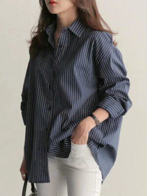 Women Spring And Autumn Cotton Striped Blouse Shirts Loose Casual Long Sleeve Women Shirt Lapel V Neck Button Casual Shirt