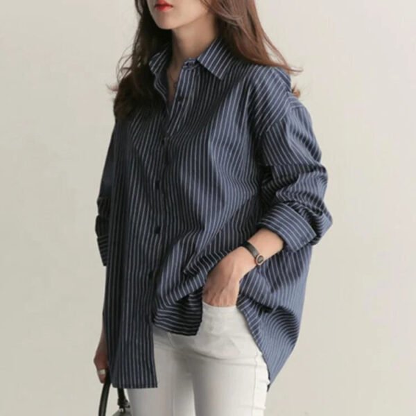Women Spring And Autumn Cotton Striped Blouse Shirts Loose Casual Long Sleeve Women Shirt Lapel V Neck Button Casual Shirt
