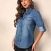 Women'S Slim Fit Oversized Cotton Long Sleeve Denim Shirt Casual Lapel With Button Decoration Soft Washed Women'S Denim