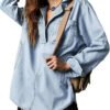 Women'S Autumn Casual Daily Wear Loose Washed Vintage Denim Blouse, Long Sleeve With Pocket, Customizable