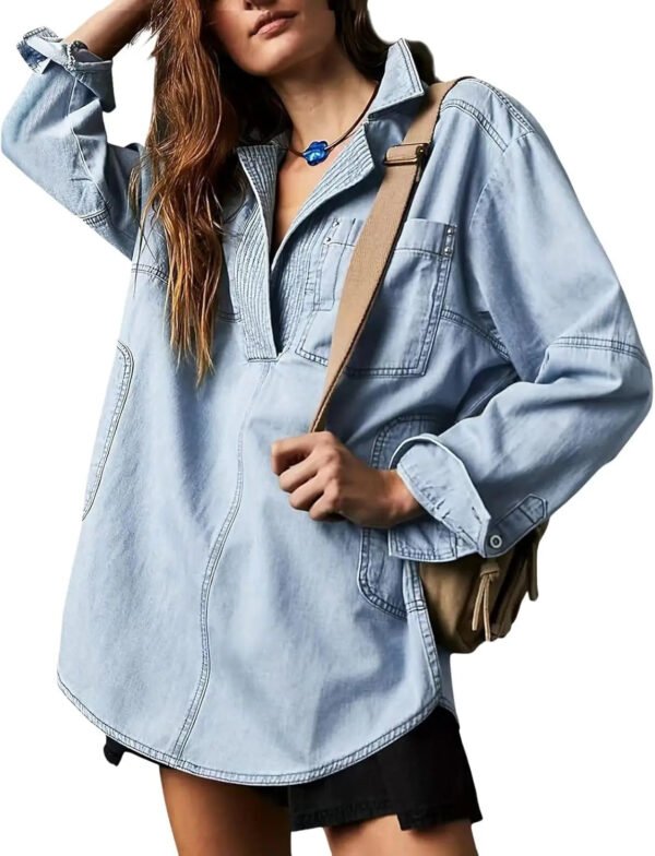Women'S Autumn Casual Daily Wear Loose Washed Vintage Denim Blouse, Long Sleeve With Pocket, Customizable