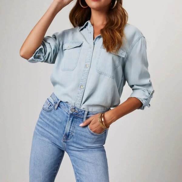 Autumn Women'S Casual Turn Collar Single Breasted Pure Color Long Sleeve Denim Shirt Fashionable Trendy Commuting Denim Top