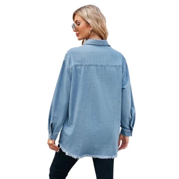 Vintage Washed Breathable Windproof Mid Length Denim Women'S Shirt Jacket Long Sleeve Pocket Casual Solid Color Summer