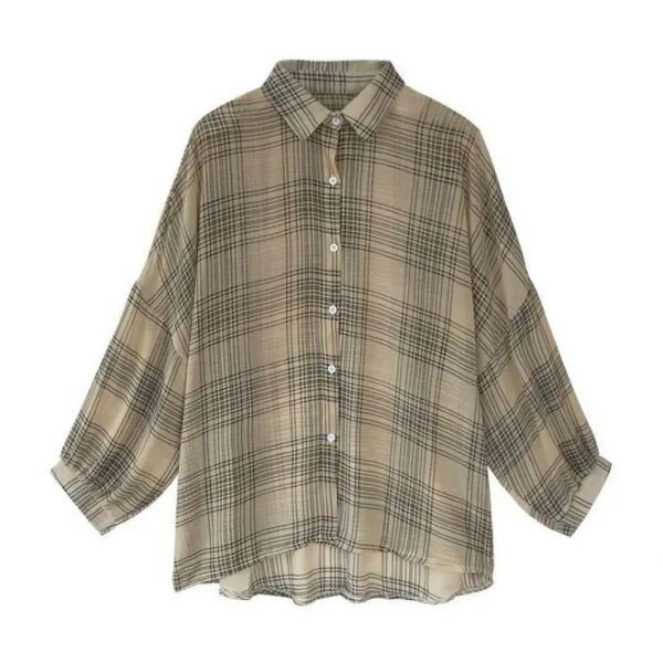 Women Loose Plaid Print Irregular Hem Long Sleeve Lapel Button Casual Shirt Tops