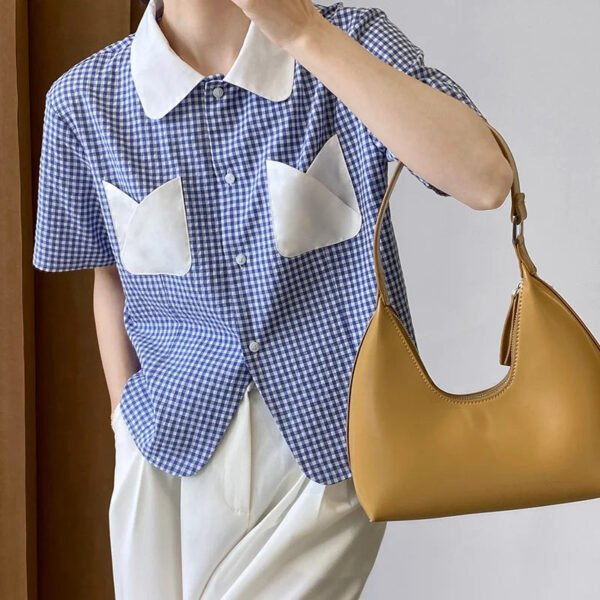 Retro Plaid Short Sleeved Shirt Women Summer College Style Loose Lapel Shirt