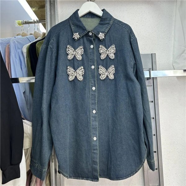 Spring New Denim Women With Diamonds Loose Jacket Casual Shirt