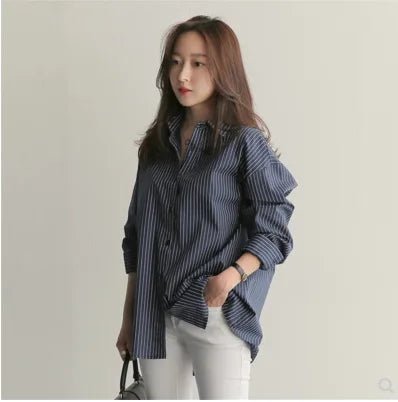 Women Spring And Autumn Cotton Striped Blouse Shirts Loose Casual Long Sleeve Women Shirt Lapel V Neck Button Casual Shirt