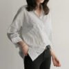 Women Spring And Autumn Cotton Striped Blouse Shirts Loose Casual Long Sleeve Women Shirt Lapel V Neck Button Casual Shirt